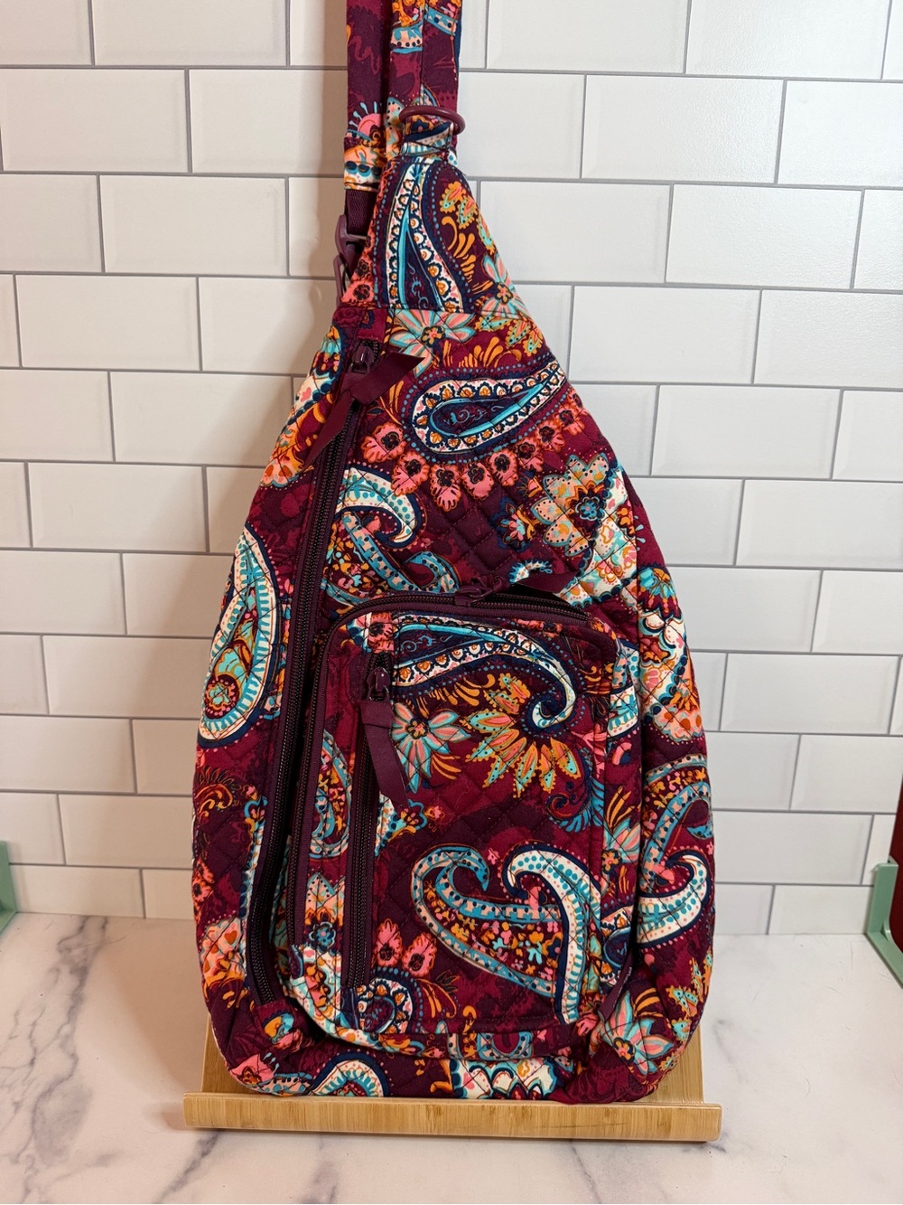 Vera Bradley Quilted Paisley Sling Backpack Crossbody Burgundy Multicolor NWOT